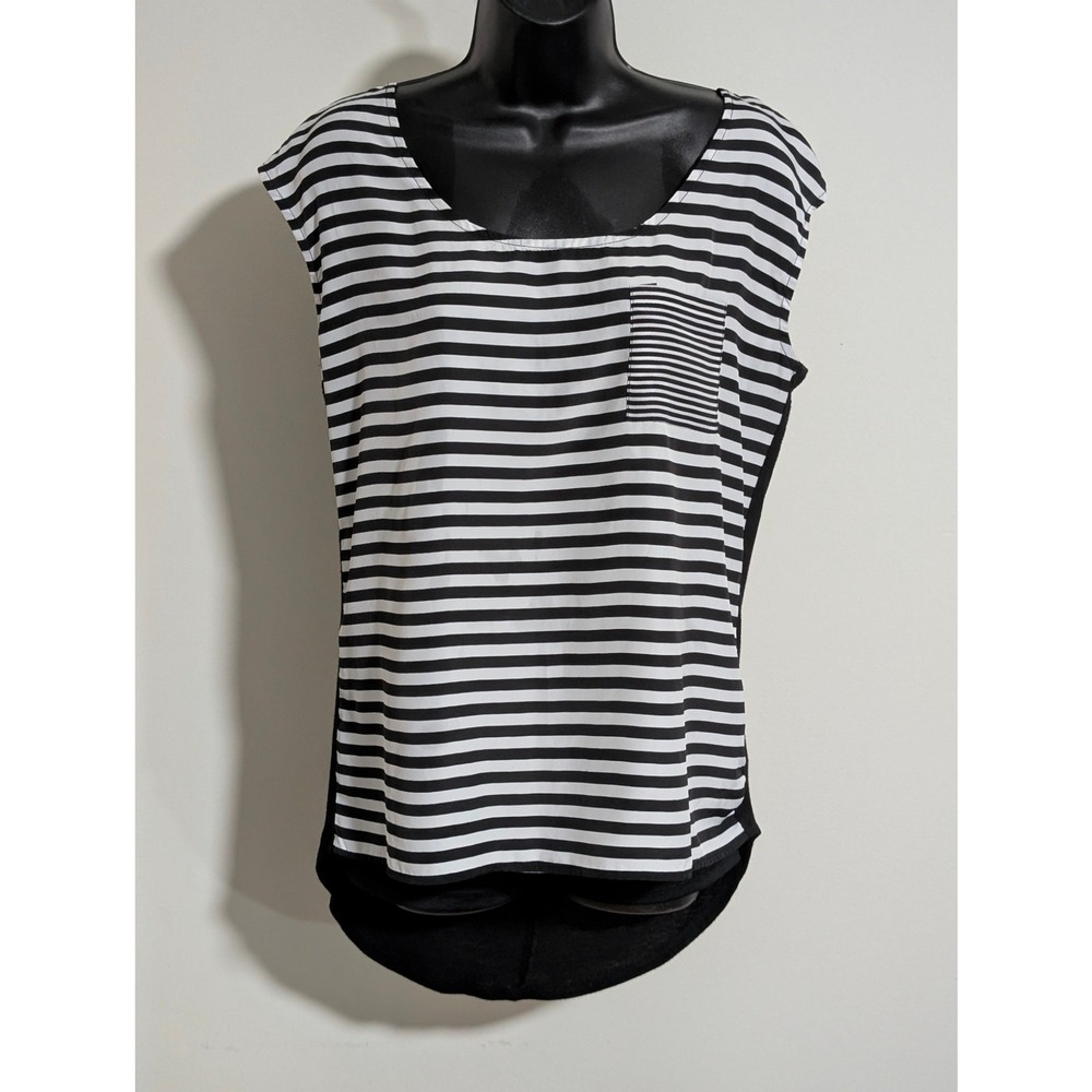 Studio Y Striped Sleeveless Top with Pocket Black White Casual Blouse Medium